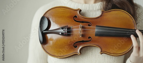 An antique violin with rich wood grain displayed against a neutral background
