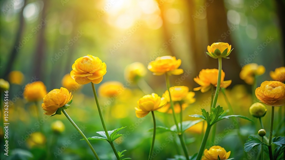 Fototapeta premium Minimalist yellow ranunculus flowers blooming on the forest edge