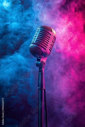 Vintage microphone surrounded by colorful smoke in a dramatic lighting setup