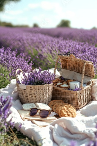 A relaxing picnic among blooming lavender fields in sunny weather with delici...