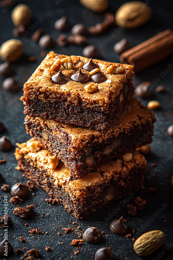 Delicious brownies stacked on dark surface, topped with chocolate chips and nuts, creating tempting dessert display. Perfect for sweet cravings and gatherings