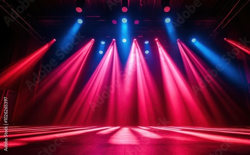 A stage with red and blue spotlights shining from the ceiling. The lights create a dramatic and colorful effect perfect for use as a background or for any creative project.