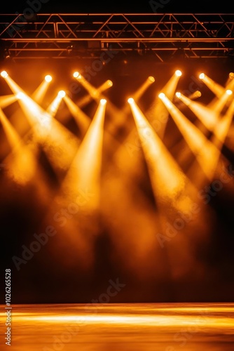 A stage lit with spotlights with smoke and beams  perfect for presentations  concerts and other events