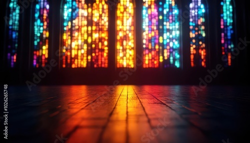 A dark interior space with a wooden floor reflecting the colorful light from a stained glass window