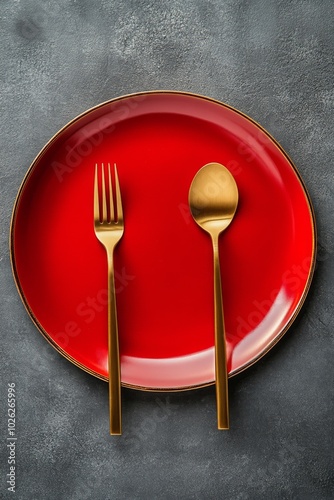 Elegant red plate set with golden fork and spoon arranged on a textured gray ...