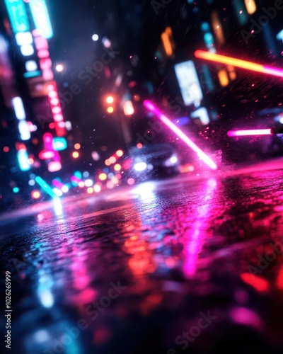 Neonlit city street at night with vibrant glowsticks illuminating the scene, urban nightlife in a futuristic city, neon glowtime vibes, dynamic urban energy photo