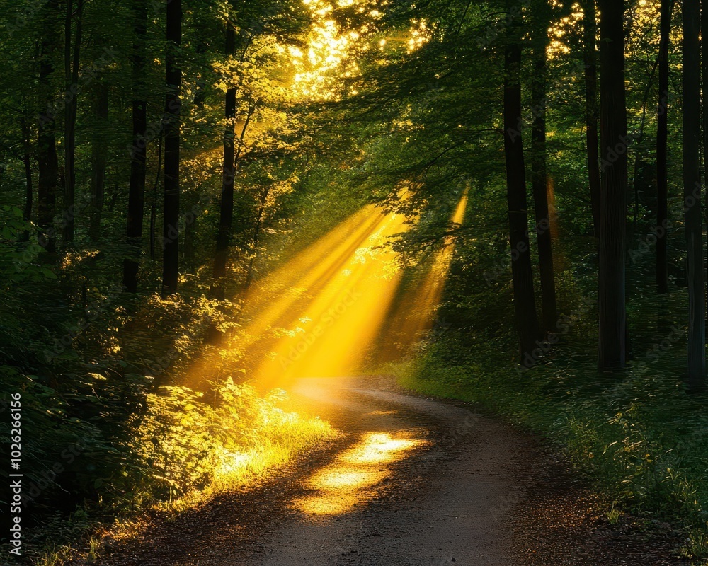 A winding pathway through a lush forest with the sun shining through the trees and illuminating the path in a beautiful golden glow