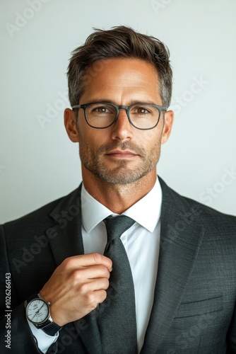 Professional man adjusting tie while wearing glasses in a formal setting