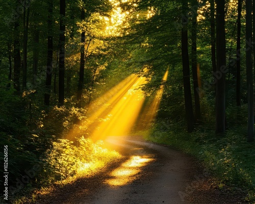 Obraz na płótnie A winding pathway through a lush forest with the sun shining through the trees and illuminating the path in a beautiful golden glow w salonie