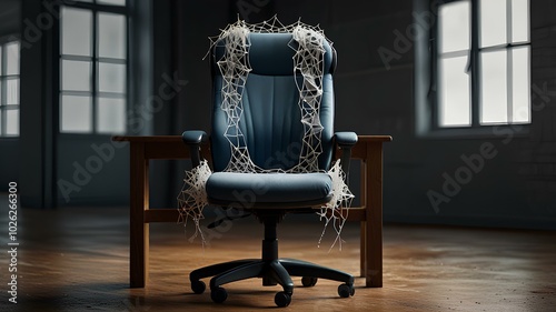 The concept of labor shortage is illustrated by an empty office chair covered in cobwebs, symbolizing the lack of qualified personnel. photo