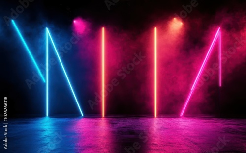Retrostyle stage lighting  bold geometric shapes  bright neon colors  1980s aesthetic  highenergy vibe