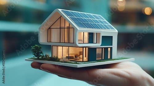 An engaging closeup of a hand holding a detailed miniature house model with solar panels, representing a commitment to green energy and sustainable living practices