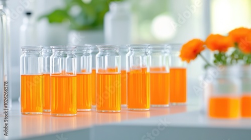 Laboratory Extraction of Safflower Pigments with Beakers of Orange Liquid and Safflower Flowers Under Analysis photo