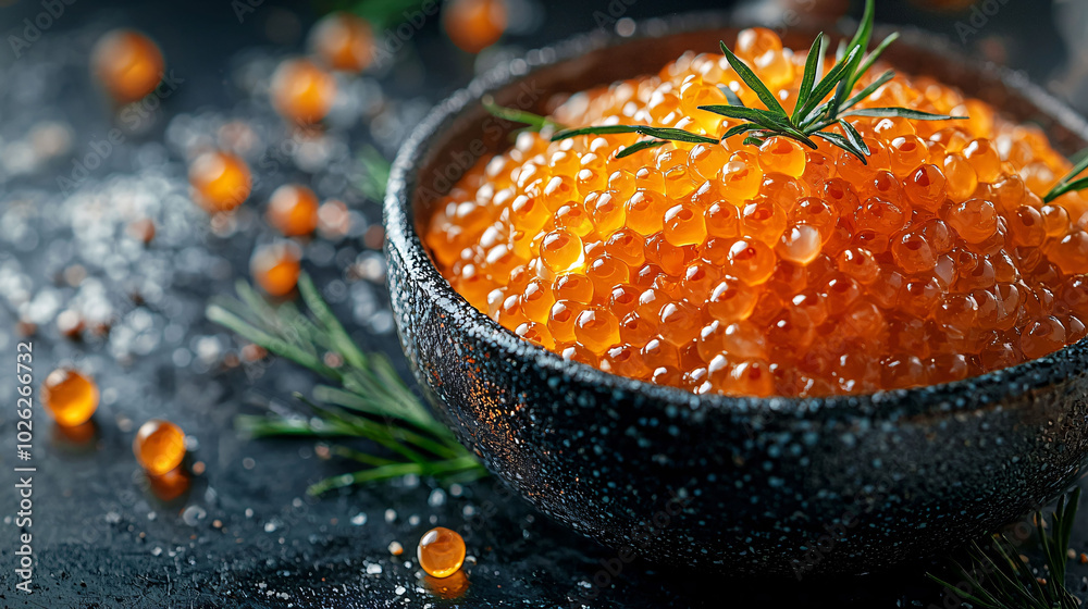 Delicious caviar in textured black bowl, garnished with fresh rosemary, creates elegant and appetizing presentation. vibrant orange pearls glisten, enhancing visual appeal