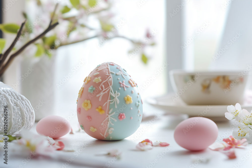 Fototapeta premium Colorful Easter egg with floral decorations