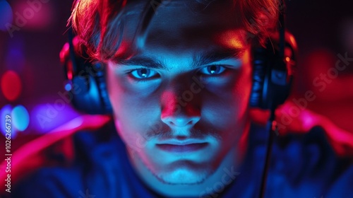 A man wearing headphones is looking at the camera