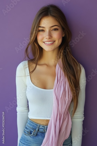Young woman with curly hair smiles brightly against a purple wall wearing cas...