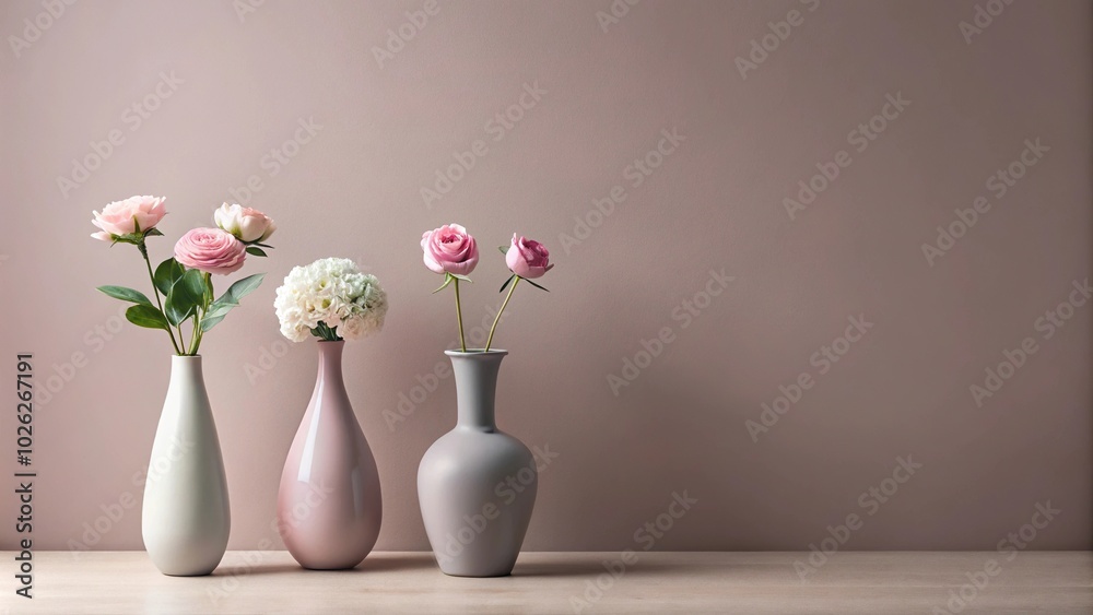 Minimalistic floral arrangement in vases against grey and light pink background with leading lines Minimalistic floral arrangement in vases against grey and light pink background with leading lines