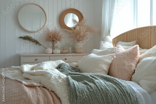 Cozy modern bedroom with soft bedding and natural light from large window
