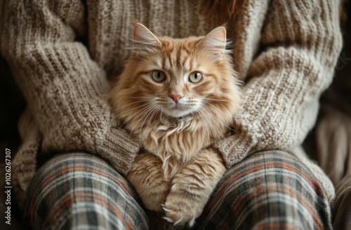 Cozy indoor moment with a fluffy cat nestled in its owners lap on a chilly day