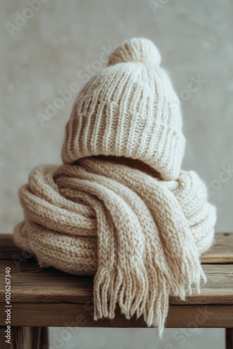 Cozy cream knit hat and scarf set displayed on a wooden table against a neutr...