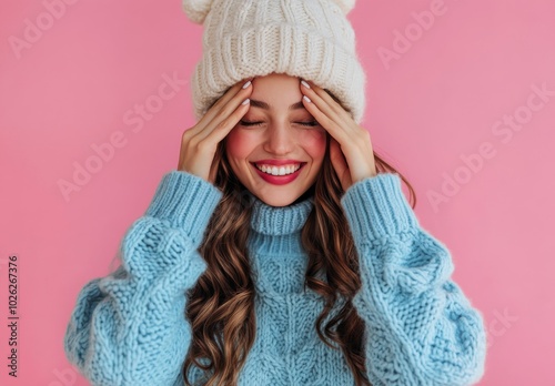 Young woman with blonde hair wearing a cozy sweater and hat, smiling against ...