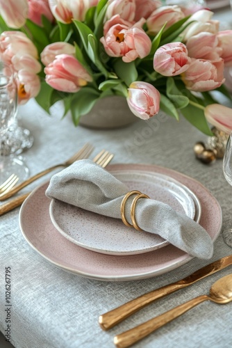 Elegant dining table setting with tulips, pastel plates, and gold cutlery for...
