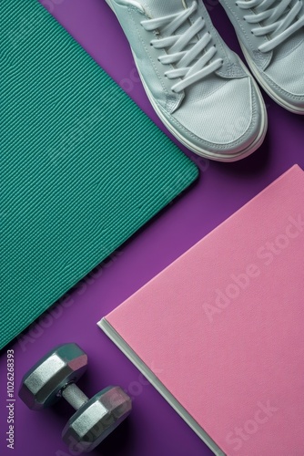 Bright workout space featuring pastel weights and sneakers on exercise mats
