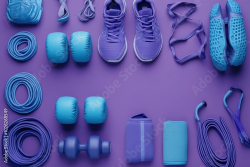 Collection of vibrant purple and blue workout gear arranged neatly on a purpl...