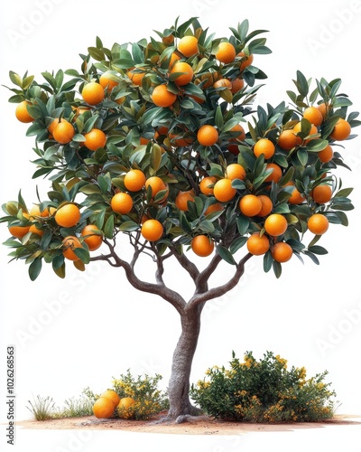 A realistic orange tree with clusters of oranges and glossy leaves, isolated on white background 