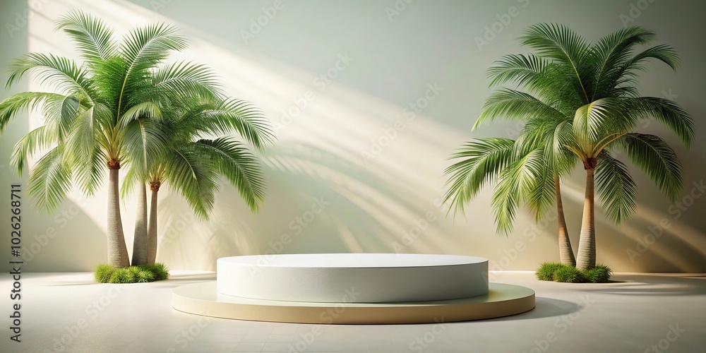 Minimalistic scene featuring a round podium surrounded by palm trees Minimalistic scene featuring a round podium surrounded by palm trees