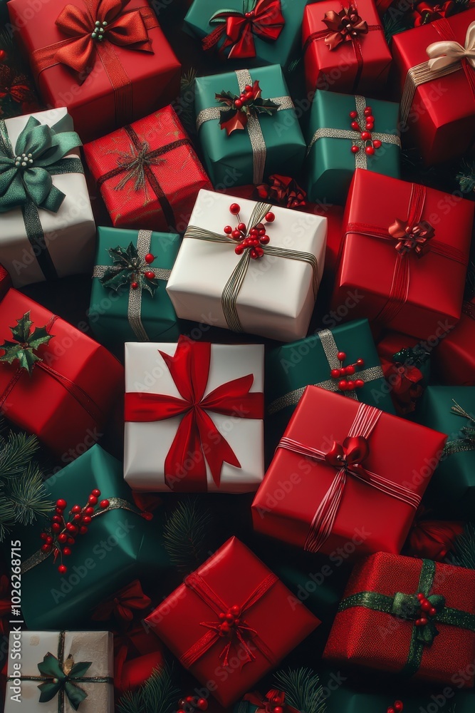 Colorful stacked Christmas gifts wrapped in vibrant papers with ribbons and decorations Colorful stacked Christmas gifts wrapped in vibrant papers with ribbons and decorations