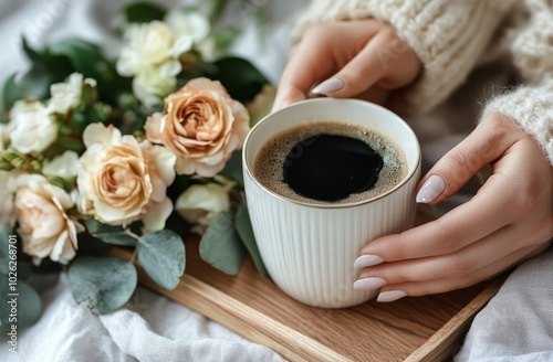A cozy morning with coffee and fresh flowers on a wooden tray