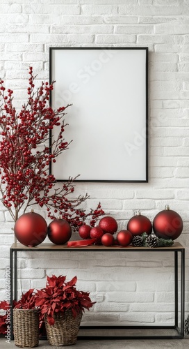 Festive holiday decorations with red ornaments and a blank frame on a brick wall