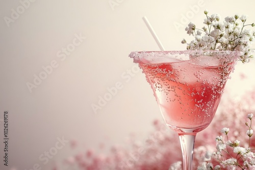 Refreshing pink drinks in elegant glasses with delicate flowers on a light ba...
