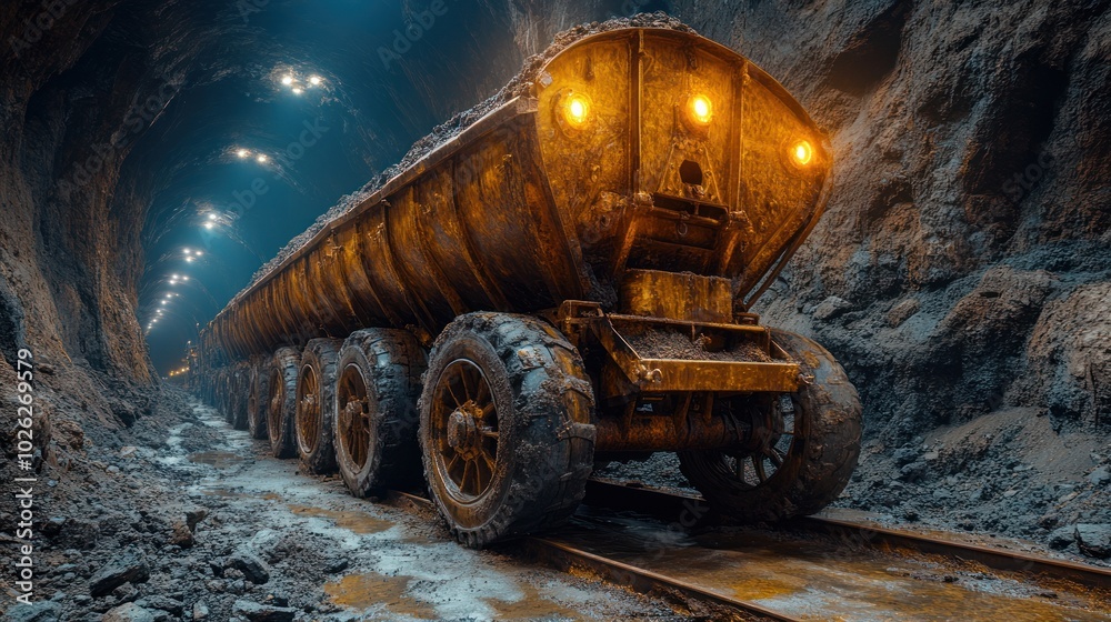 A large mining truck drives through a dark tunnel, carrying a load of ore. The truck is illuminated by headlights and the tunnel lights. A large mining truck drives through a dark tunnel, carrying a load of ore. The truck is illuminated by headlights and the tunnel lights.