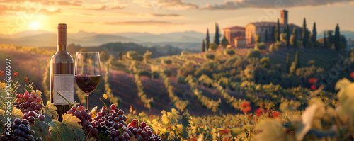 Banner of glasses fresh red wine with grapes, cheeses, bottle and barrel on a sunset background in Toscane. Italy vineyard and agritourism. Wine shop or wine tasting concept with copy space. AI photo