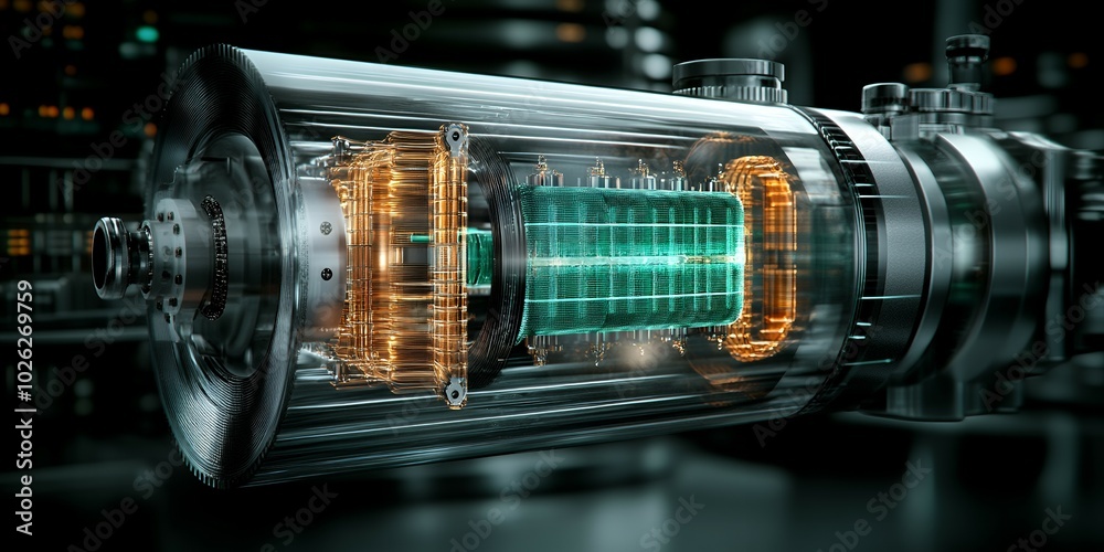 A close-up of a futuristic engine with a transparent casing revealing intricate internal workings. A close-up of a futuristic engine with a transparent casing revealing intricate internal workings.