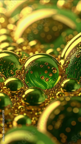 Emerald green spherical droplets of various sizes floating against a green background. Abstract pattern of yellow and green oil droplets on water. 
