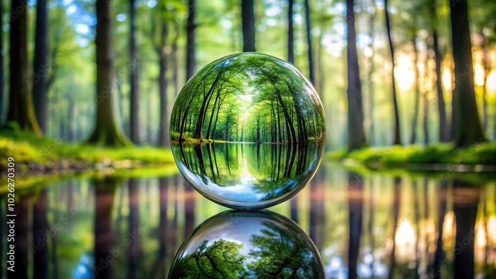 Mirroring of a forest in a water drop, golden protection of the environment reflected Mirroring of a forest in a water drop, golden protection of the environment reflected