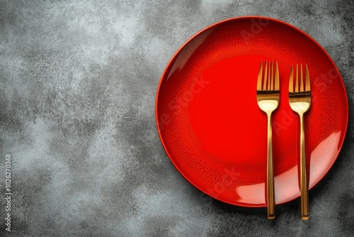 Elegant red plate with gold cutlery set against a textured gray background