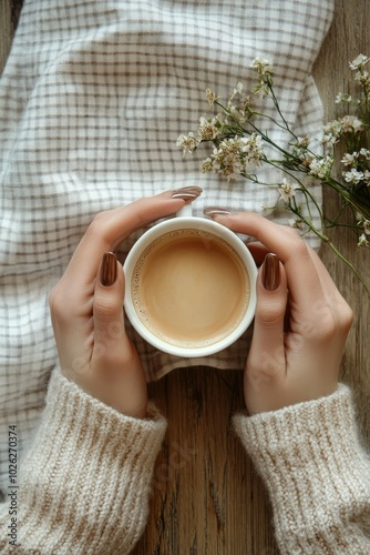 Enjoying a beautifully crafted latte with floral accents on a cozy table in a...