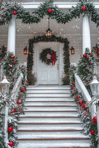 Festively decorated front porch with holiday wreaths and ornaments during win...