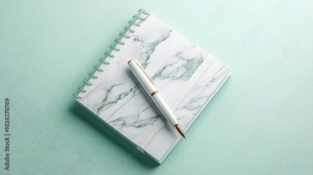 Elegant Pen on Marble Notepad, Top-Down View Elegant Pen on Marble Notepad, Top-Down View