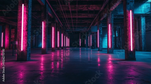 An abandoned warehouse with soft neon lights creating a sleek, minimal atmosphere. The soft neon lighting transforms the abandoned warehouse into a cool, minimalistic space.