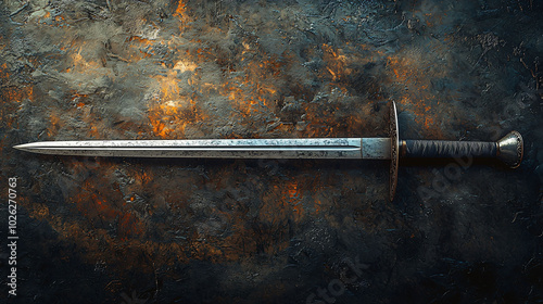 detailed view of sword resting on textured surface, showcasing its sharp blade and ornate handle. contrast between metallic finish and dark background creates striking visual impact photo