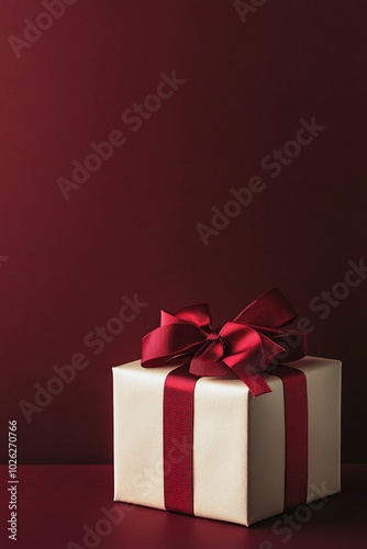 Elegant wrapped gift box with red ribbon against a deep maroon background