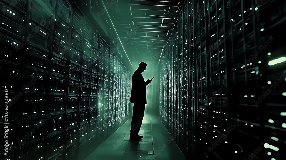 An anonymous figure dressed in dark clothing standing amidst rows of servers, with faint glowing lights from the hardware, symbolizing data theft and the vulnerability of network systems. An anonymous figure dressed in dark clothing standing amidst rows of servers, with faint glowing lights from the hardware, symbolizing data theft and the vulnerability of network systems.