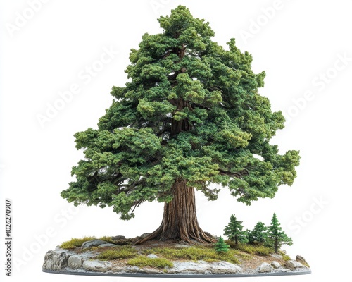 A sequoia tree with a massive trunk and towering height, isolated on white background 