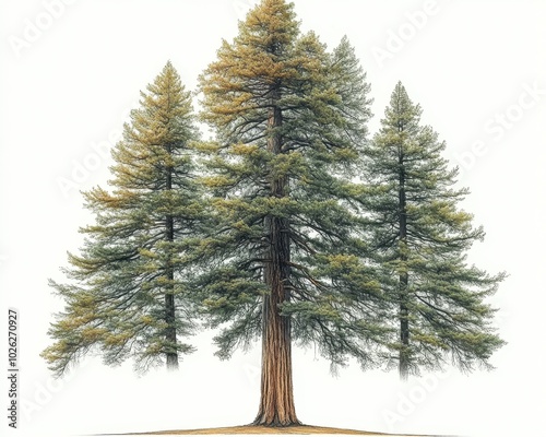 A sequoia tree with a massive trunk and towering height, isolated on white background 
